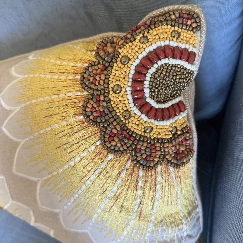 Vintage Pier 1 Beaded ~ Embroidered ~Sunflower Throw Pillow ~ Floral BOHO 20x14